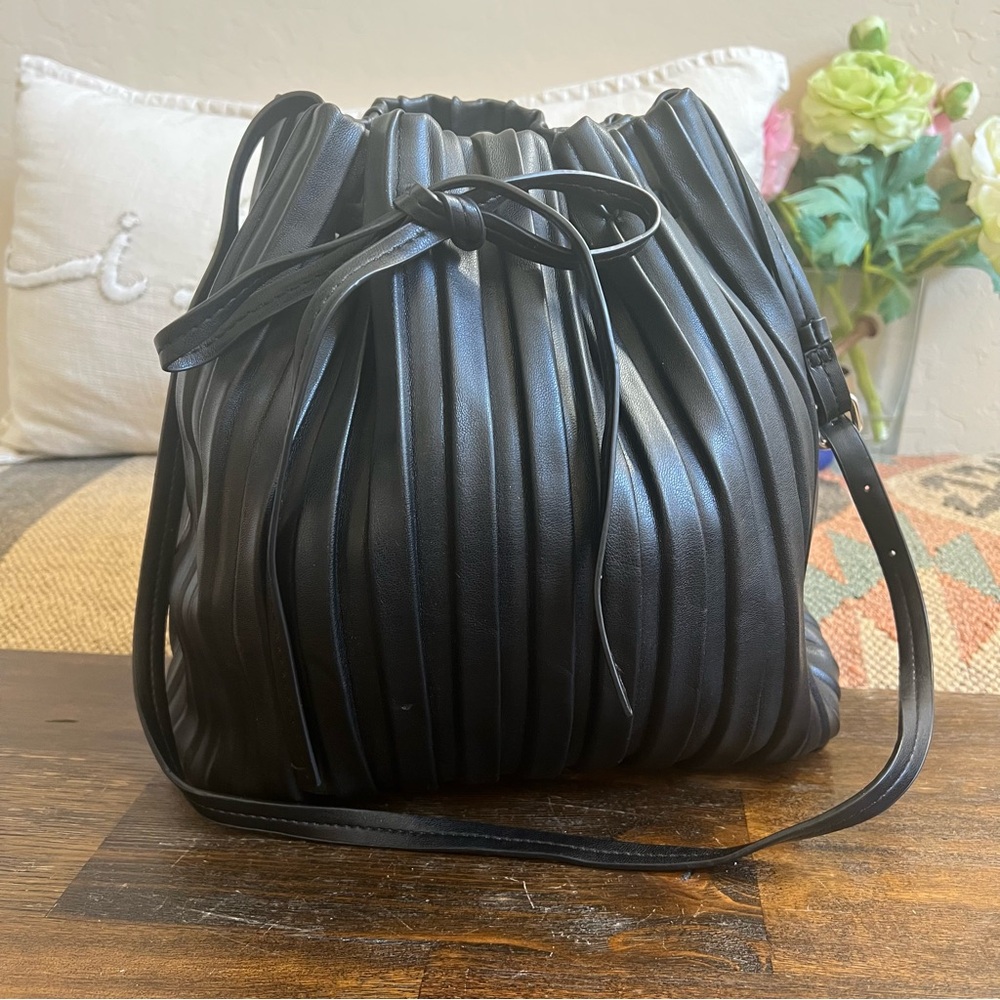 ZARA Black Pleated Faux Leather Drawstring Crossbody Bag